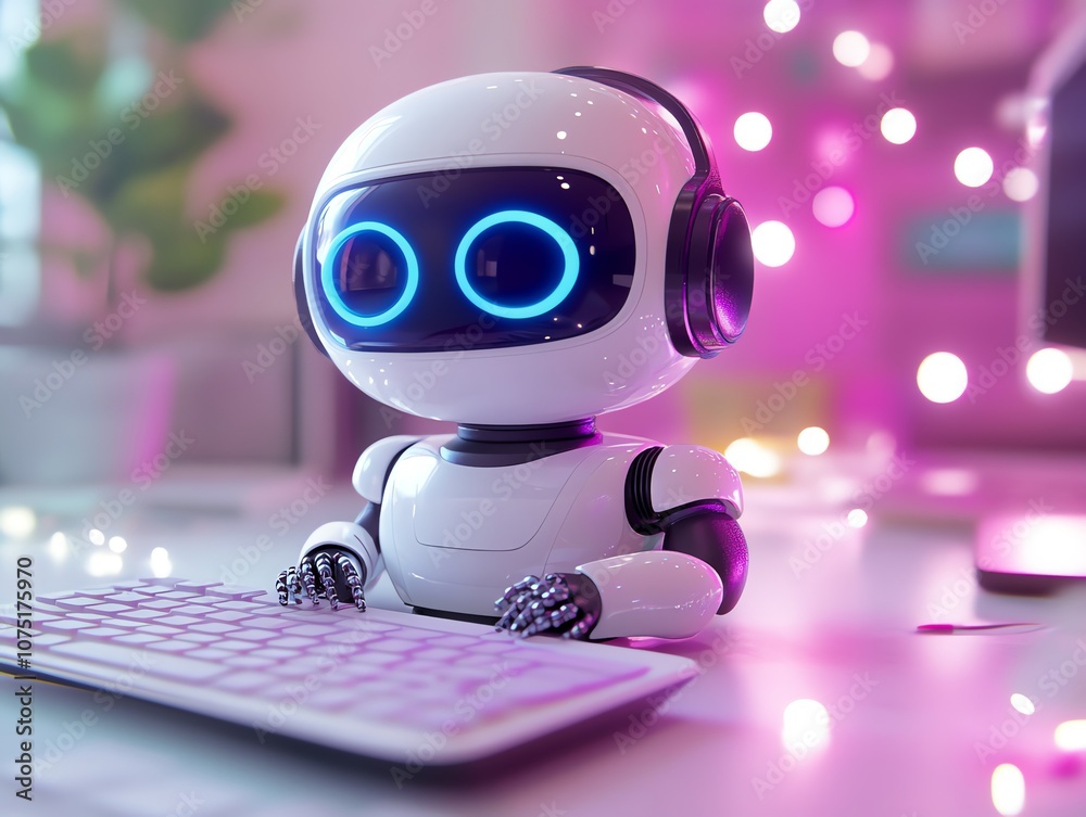 Poster a white robot with blue eyes and headphones is sitting at a desk typing on a keyboard.