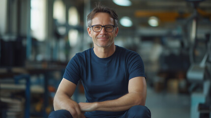 Worker with t-shirt and workpants in navy in a production area