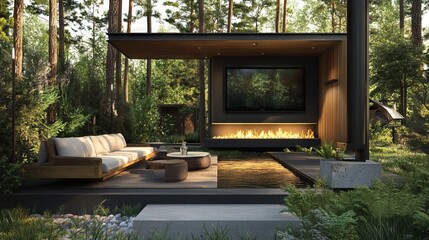 Luxurious outdoor garden with a sofa, fireplace, and a large TV in a serene forest setting. AI generated illustration