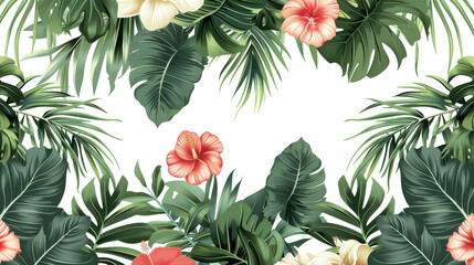A vibrant arrangement of tropical leaves and flowers, featuring hibiscus blooms, creating a lively, floral border against a white background.