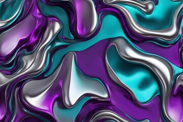 Obraz premium Fluid liquid metal shapes in vibrant futuristic colors such as teal purple and silver, Ai Generated