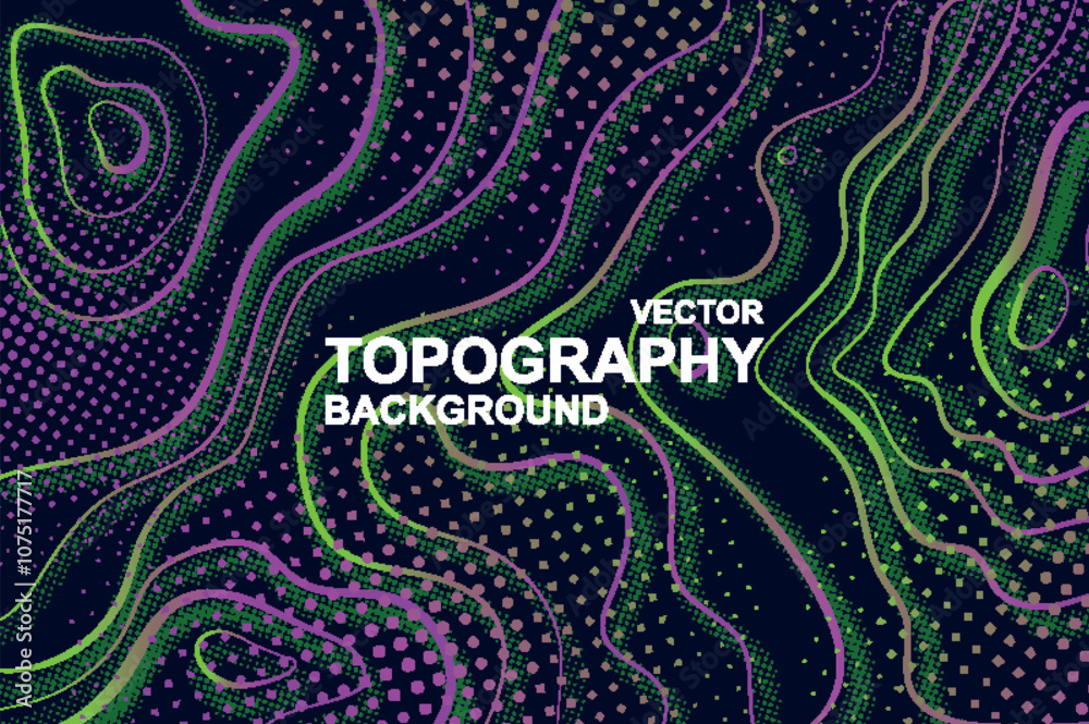 Fototapete abstract background with vibrant neon lights and dots on topography contour map texture. wallpaper w