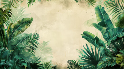 A lush, green tropical leaf border frames a faded, textured background, creating a serene and nature-inspired atmosphere.