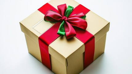 Obraz premium A beautifully wrapped gift box with a red ribbon and green bow, symbolizing celebration.