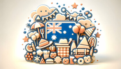 Naklejka premium 3D Bokeh Australia Day Picnic Background Digital Art Blurred Picnic Elements Australian Symbols Community Gathering Celebration Copy Space 3D Icon Isolated White Background