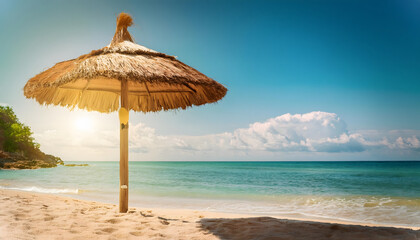 Straw umbrella on the beach on a sunny day. Tropical concept of rest and relaxation