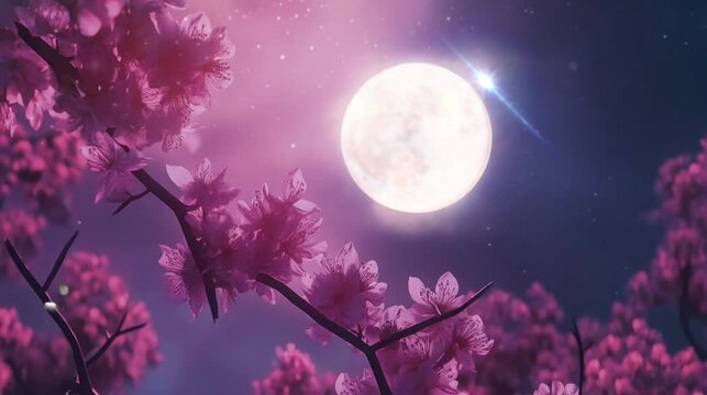 perpaduan bunga sakura dan bulan purnama yang sangat . seamless looping time-lapse virtual 4k video Animation Background.	
