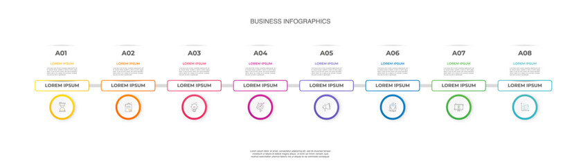 Fototapeta premium Infographics circle timeline with eight templates, icons, labels. Vector business illustrations can be used for process diagram, workflow layout, flowchart, business step, banner, web.