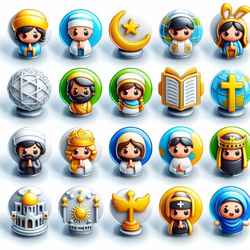 3D Glossy Faith Icons Set | Multireligion Symbol Collection | World Religion Day Infographics | Isolated on White Background for Clarity | Highly Detailed & Impactful Religious Icons