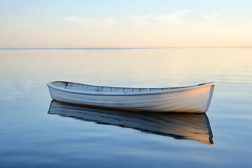Naklejka premium White rowboat on calm water with pastel blue sky. AI generated illustration