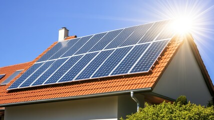 Fototapeta premium Solar panels on a roof, harnessing renewable energy from the sun.