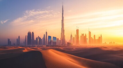 Dubai skyline at sunset with desert dunes in warm tones. AI generated illustration