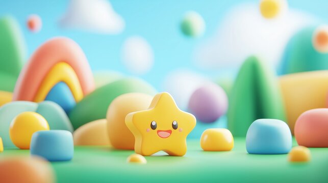 A cheerful yellow star character sits happily among colorful shapes and playful hills in a bright, whimsical landscape.