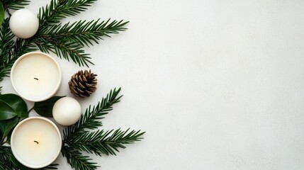 A serene arrangement of candles and pine branches, creating a festive atmosphere perfect for holiday decor.