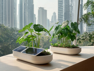 Fototapeta premium Urban rooftop gardens with solar powered planters enhance sustainability and reduce carbon footprint. These modern designs integrate greenery into city life, promoting eco friendly living