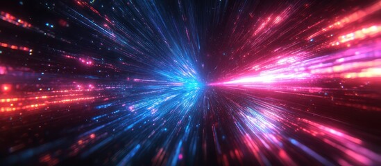 Obraz premium Abstract futuristic background with blue and pink light streaks emanating from a central point.