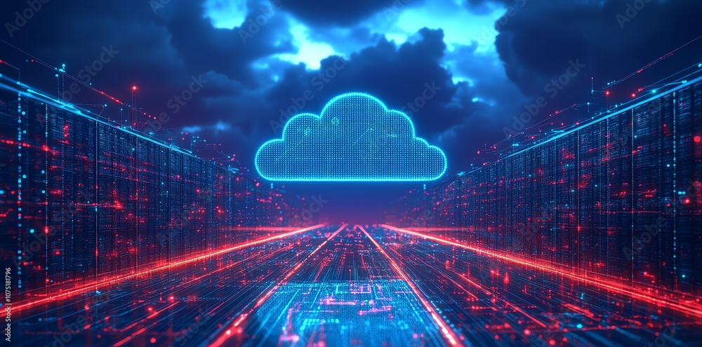 Aufkleber Abstract digital cloud computing concept with glowing lines, servers and data flow.