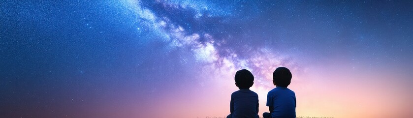 Two children gazing at a starry night sky filled with wonder.