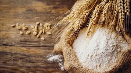 Wheat flour and an ear of wheat on a wooden table with a rustic feel. AI generated illustration