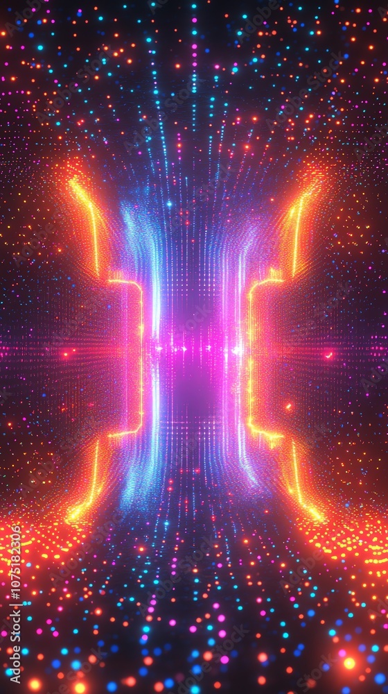 Poster abstract glowing neon light tunnel with digital particles.