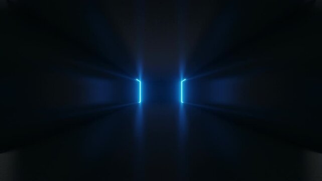 Endless corridor with neon lines tending up and moving forward a concrete corridor illuminated with blue neon lights. Futuristic abstract colorful background in bright neon blue colors. 3d animation