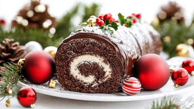 Chocolate yule log cake sitting on a white plate and decorated with christmas ornaments