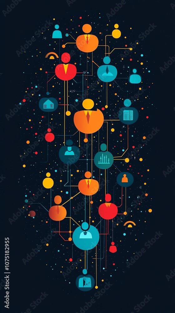 Aufkleber abstract network of connected people with colorful icons.