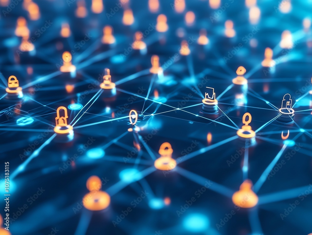 Poster Abstract network of glowing people icons connected by lines representing communication, relationships, and social interaction.