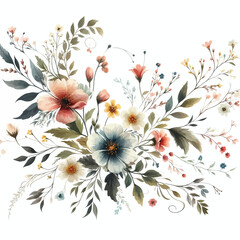 Wildflower-inspired boho watercolor with delicate flowers and leafy vines. vector