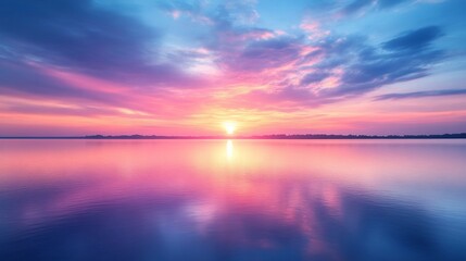 Vibrant sunset over a calm lake with clouds reflecting in the water.