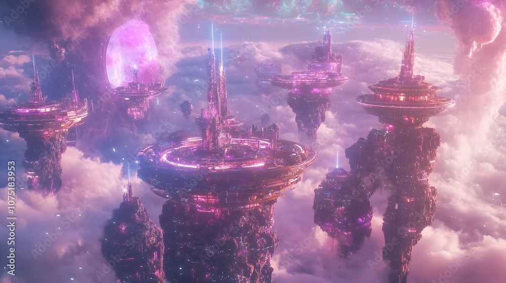 Poster a dreamlike sci-fi landscape of floating islands connected by light beams, each island adorned with 