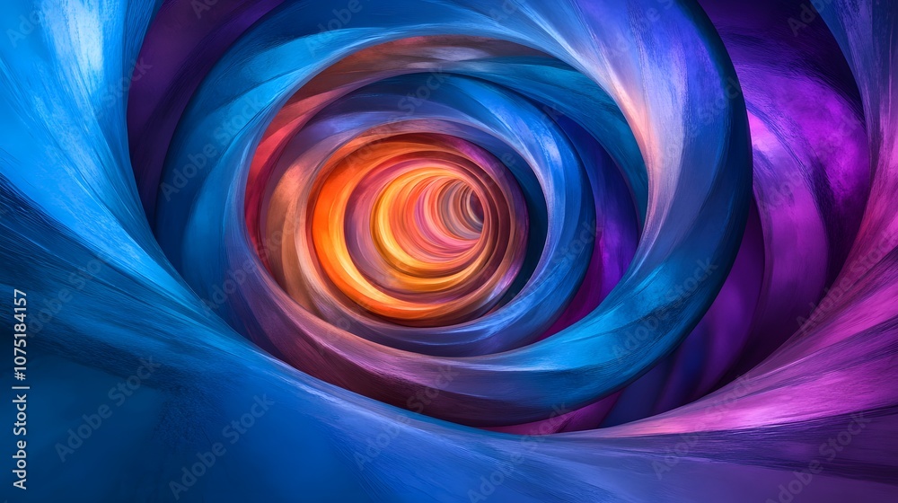 Poster A surreal tunnel made of translucent, flowing rings with a digital glow, extending infinitely with shifting colors from blue to purple, evoking a sense of movement and endless depth. No text, no