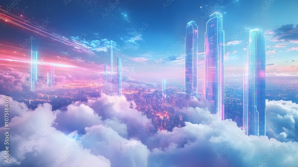 Poster a dreamlike, hyper-futuristic skyline where glassy skyscrapers tower among ethereal clouds with brig