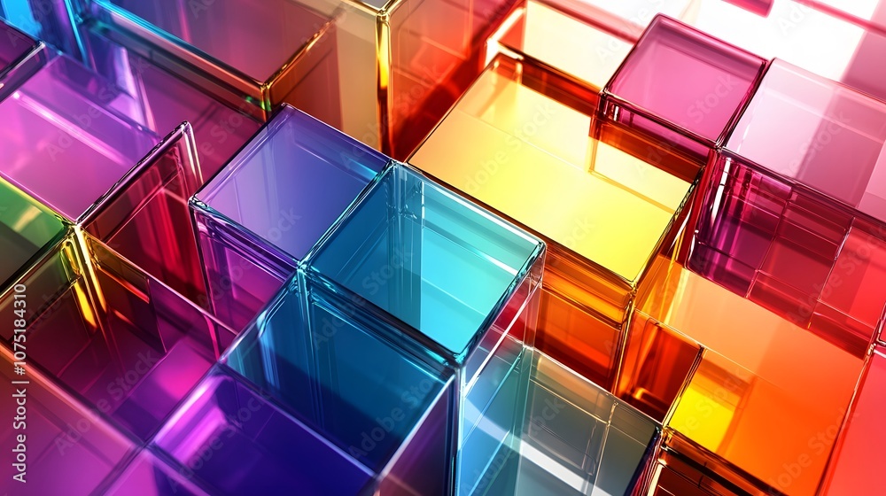 Poster an abstract composition of interlocking, transparent shapes with electric colors, casting reflection