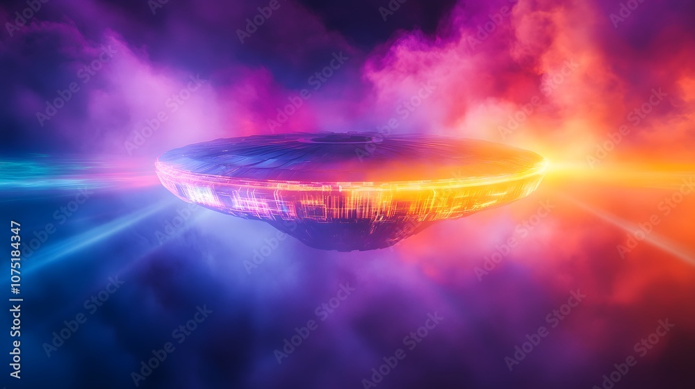 Aufkleber A sci-fi scene of a mysterious, floating structure resembling a massive, glowing crystal surrounded by swirling fog, with beams of colored light radiating outward. No text, no logo, wide angle shot,