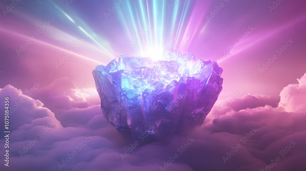 Poster a sci-fi scene of a mysterious, floating structure resembling a massive, glowing crystal surrounded 