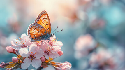 Obraz premium Butterfly Resting on Cherry Blossoms in Soft Spring Light..