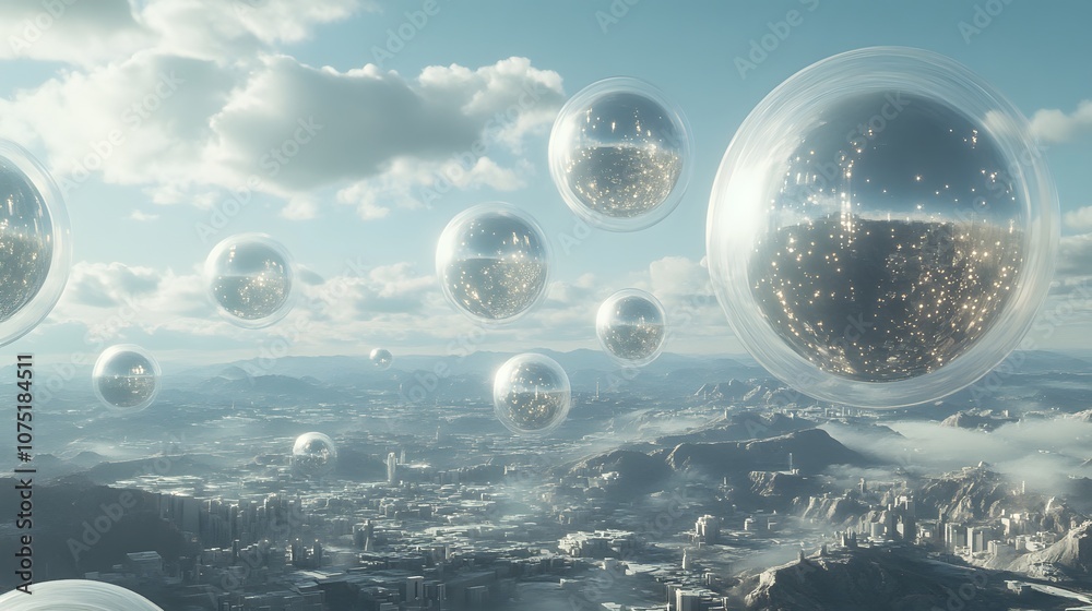 Aufkleber a hyper-futuristic landscape with floating, metallic spheres connected by light trails, suspended ov