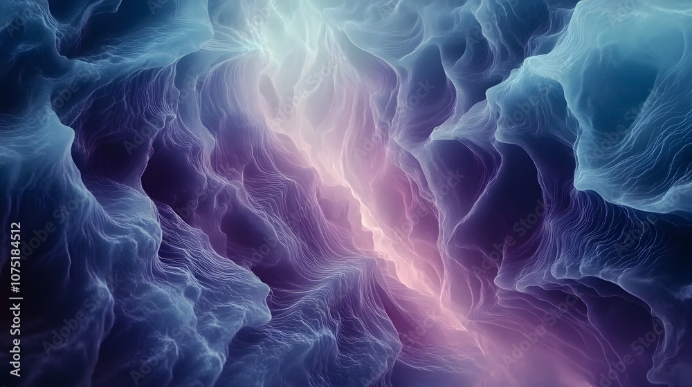 Poster An ethereal background of translucent waves and gradients in soft blues and purples, creating a dreamlike, fluid digital pattern that feels both organic and futuristic. No text, no logo, wide angle