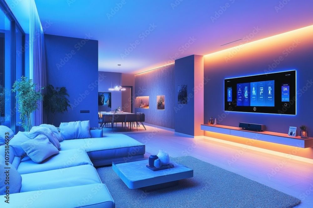Poster this stylish living room features custom ambient lighting and touch panels, creating a cozy and mode