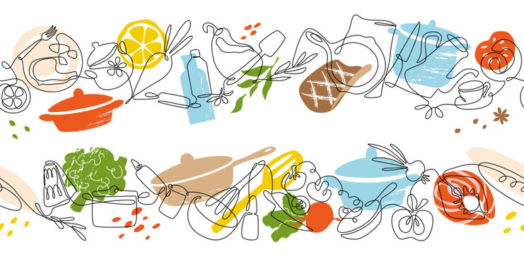 Food background. Line cooking pattern. Healthy kitchen menu. Chefs saucepan. Continuous art. Restaurant lunch. Meal recipe. Cutting vegetables. Color simple drawing. Vector culinary border