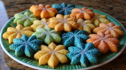 Fototapeta premium A colorful assortment of star-shaped cookies displayed on a green plate.