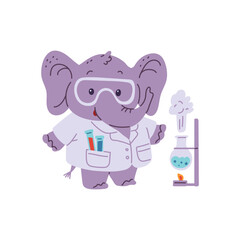 Vector cartoon elephant scientist with lab tubes of chemicals, making laboratory experiments by heating the chemical