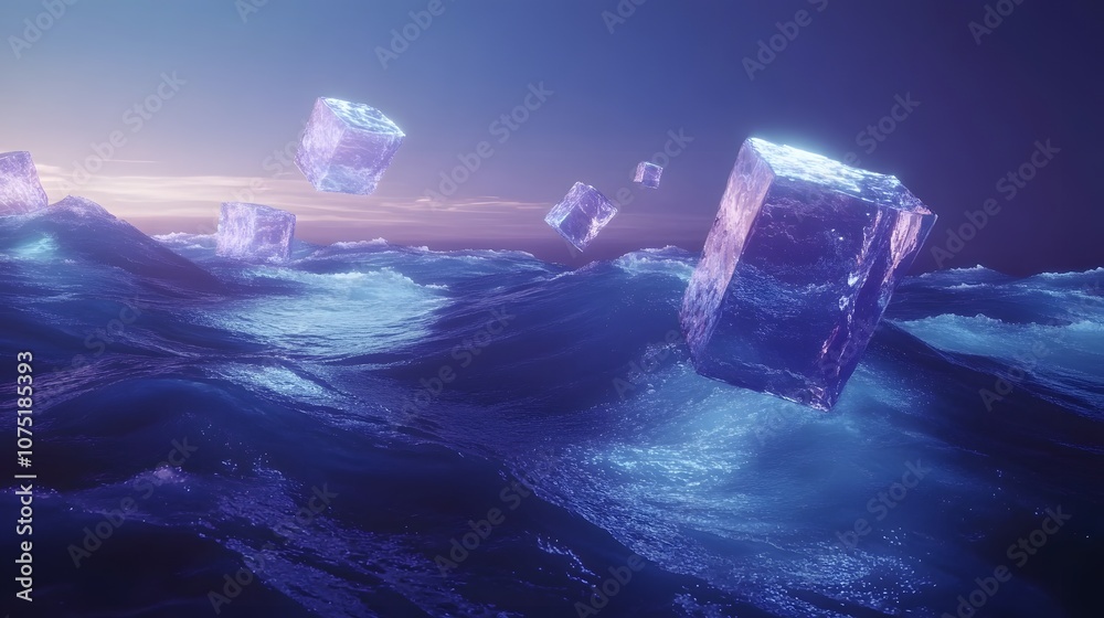 Poster A digital ocean made of shimmering light waves with floating neon cubes, creating an impression of a surreal, fluid space that blends futuristic with dreamlike qualities. No text, no logo, wide angle