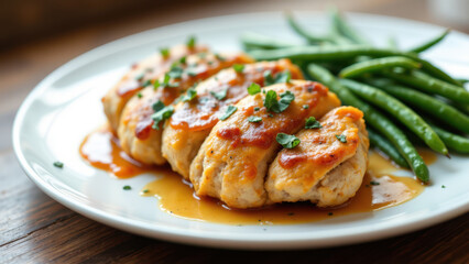 Marry Me Chicken with lemon herb sauce served on a white plate alongside green beans.