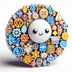 Naklejka premium 3D Glossy Cultural Symbols Collage Representing Unity Diversity World Religion Day Magazine Advertisement with Copy Space Iconic Artwork for Celebrating Global Religious Understanding.