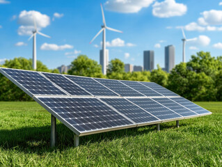 Solar panels on grassy field with wind turbines and city skyline in background, showcasing renewable energy and sustainable technology