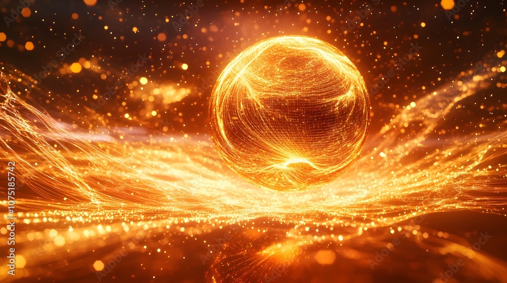 Aufkleber A hyper-futuristic floating sphere emitting waves of light, with digital particles surrounding it in a swirling motion, creating a sci-fi energy effect. No text, no logo, wide angle shot, 4k