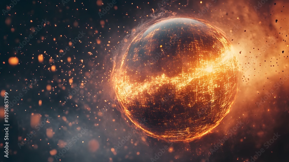 Aufkleber a hyper-futuristic floating sphere emitting waves of light, with digital particles surrounding it in
