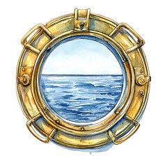 Obraz premium Watercolor Illustration of a Ship's Porthole Looking Out at the Ocean.